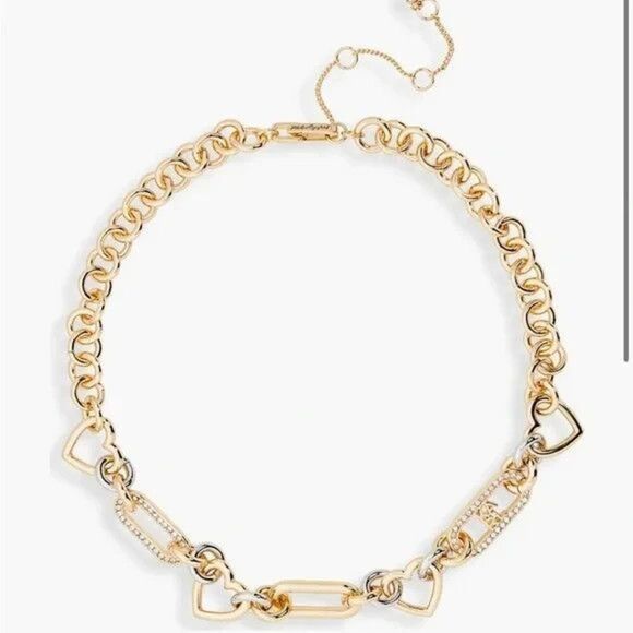 New Karl Lagerfeld Paris Two Tone Pave Crystal Heart Logo Link Collar Necklace - Picture 1 of 5